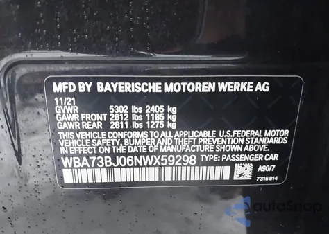 2022 BMW 540 I xDrive from USA, damaged, VIN WBA73BJ06NWX59298